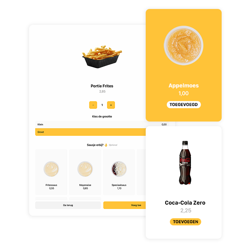 Een overzicht van het visuele menu, waarin een product te zien is, een add-on, een extra aanbeveling en de mogelijkheid om sauzen toe te voegen.