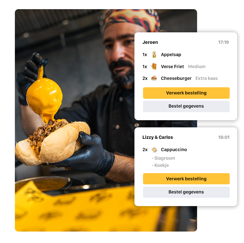 A man wearing black gloves and a colorful bandana pours yellow sauce onto a sandwich filled with meat.